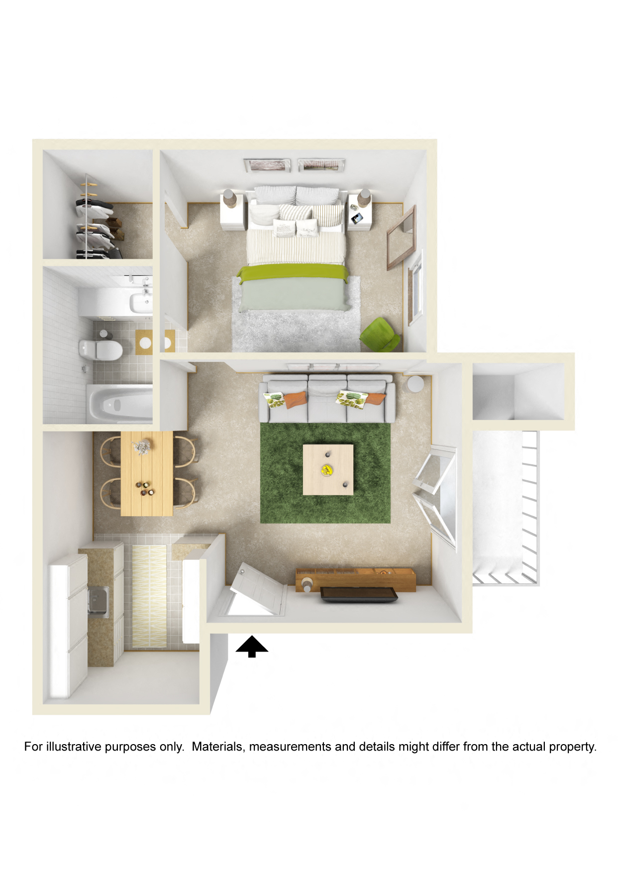 Floor plan for 1 bed, 1 bath, 550 sqft